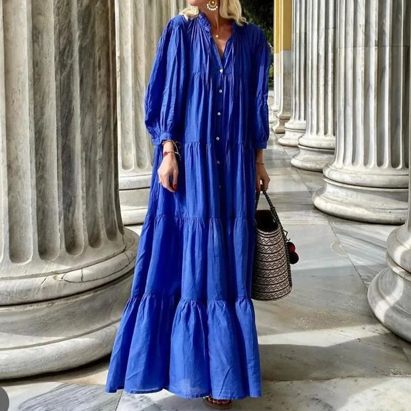 Women Elegant Long Lantern Sleeve Stand Collar Loose Maxi Dress Y2K INS Clothes Autumn Long Ruffle Bohemian Dress Women Elegant Long Lantern Sleeve Stand Collar Loose Maxi Dress Y2K INS Clothes Autumn Long Ruffle Bohemian Dress